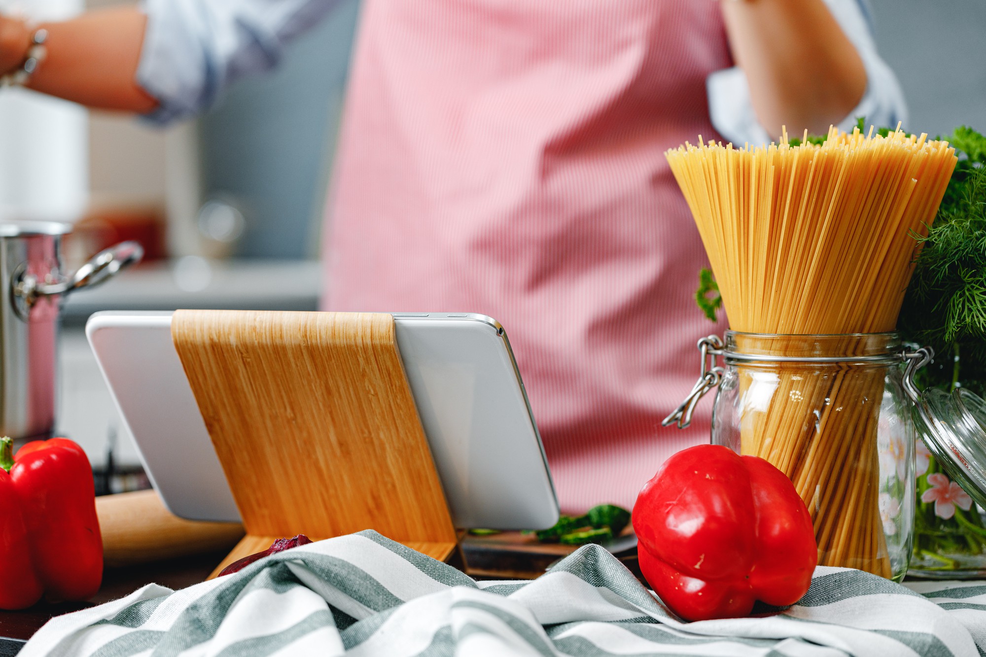 Studio kitchen workspace with tools and prepared dishes